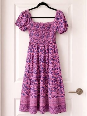 Pink & Purple Floral Smocked Midi Dress
